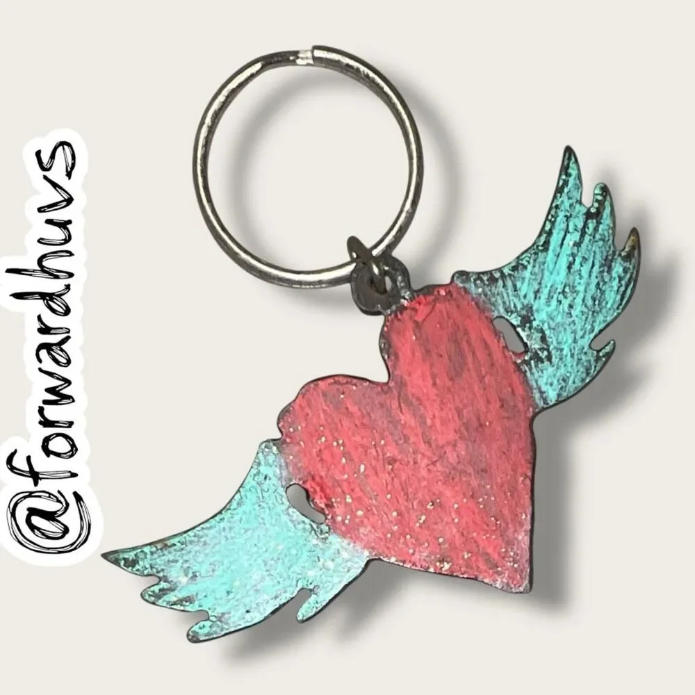 Handmade Copper Winged Heart Keychain Red Turquoise Patina Folk Art
